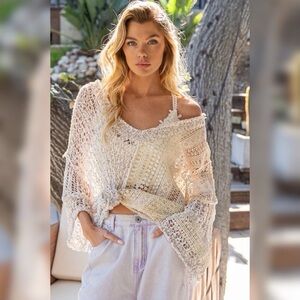 197 POL Lightweight V Neck Sweater Open Crochet Lace & Flare Bell Sleeves